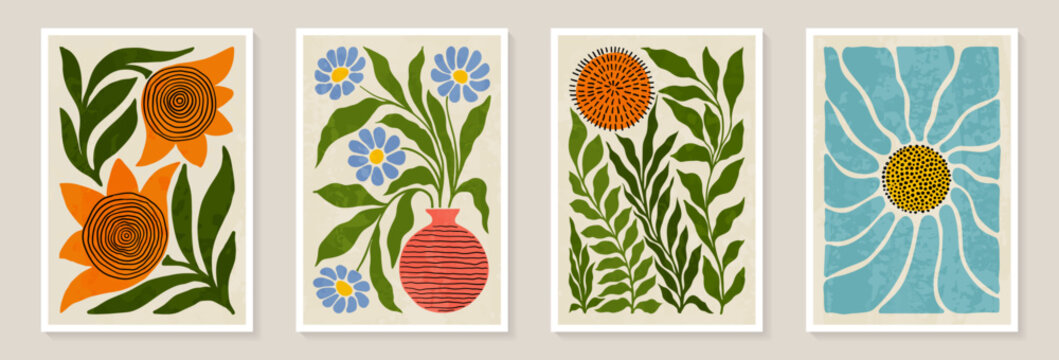 Set of trendy vintage wall prints with flowers, leaves, shapes. Modern aesthetic illustrations. Bohemian style Collection of contemporary artistic Design wall decoration, postcard, poster, brochure