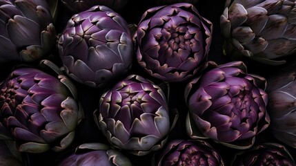 Fototapeta premium Purple artichocke on black, flat lay or top view, AI generative