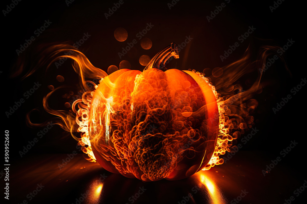 Poster halloween pumpkin exploding with light and glowing splashes and sparkles, ai generative orange illus