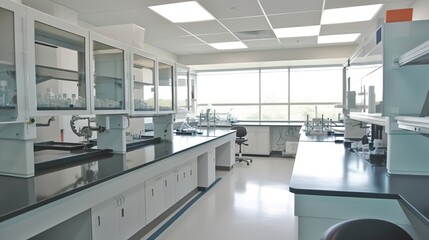 Scientific laboratory interior, research facilty, with white shelves and benches, modern design, AI generative
