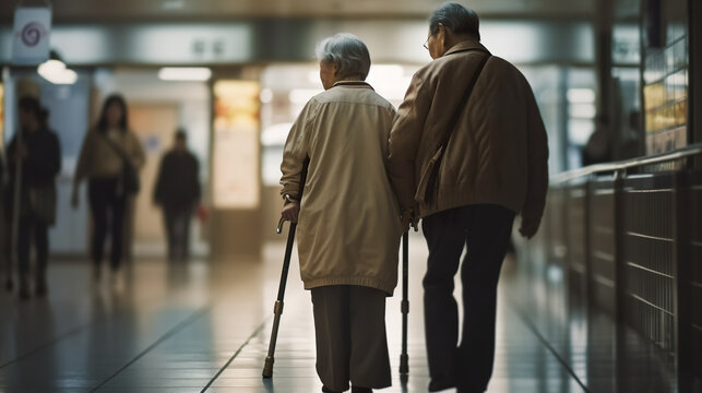 Elderly person using a walking aid with a relative, caregiver in a hospital hallway, AI generative photorealistic illustration