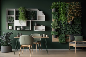 cozy living room with green walls and stylish plant decor. Generative AI