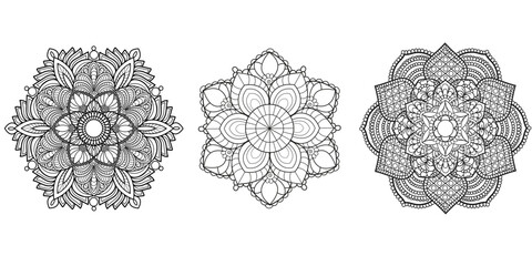 Hexagon doodle mandalas set of 3. Isolated vector elements for decoration,coloring,design,print,coloring book.