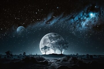 serene night sky with a full moon and twinkling stars. Generative AI