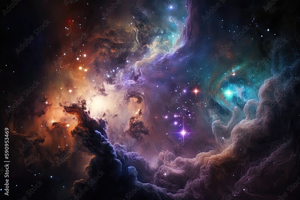 Poster dreamy and colorful space filled with stars and clouds. generative ai