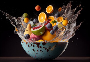 Fototapeta na wymiar bowl filled with fruit and splashing water. Generative AI