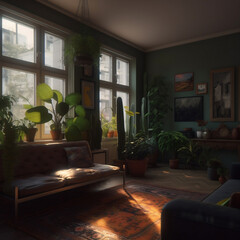 living room interior. Plants, cozy, realism, designer. Created using generative AI