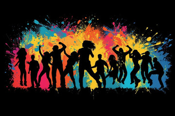 Fototapeta na wymiar Dance logo, crowd of people dancing, silhouette with vibrant rainbow colors.