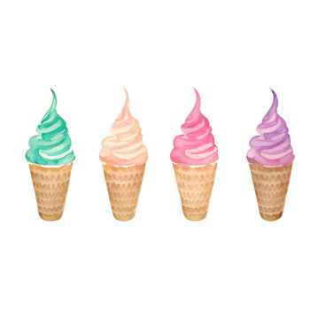 watercolor ice cream with cone with hand drawn illustration style