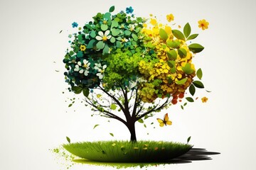 Fototapeta premium lush green tree surrounded by fluttering butterflies. Generative AI