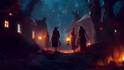 night in the forest, witches, forest, moon. torches, forest with torches, (ai generated)
