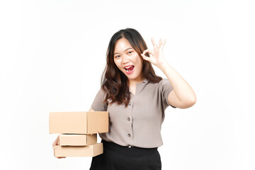 Holding Package Box or Cardboard Box Of Beautiful Asian Woman Isolated On White Background