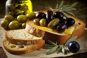 Foto op Plexiglas tasty appetizer with bread, cheese, and olives. Generative AI © 2rogan