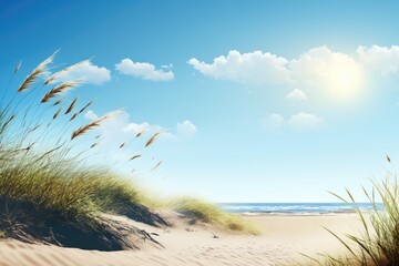 serene beach landscape with grass and sand. Generative AI