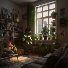 modern living room. Plants, green, cozy, designer. Created using generative AI.