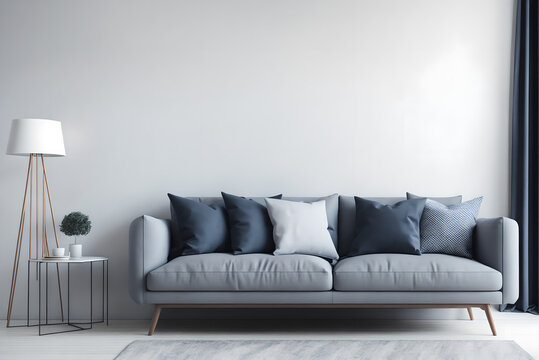 livingroom interior empty wall  with gray fabric sofa and pillows on white background with free space on right. 3d rendering., generative ai