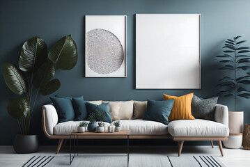 modern boho living room interior style. wall mock up. wall art. wall background. 3d rendering, 3d illustration, generative ai