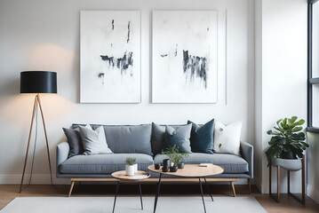 In the interior of a living room with chairs seated at a table beneath a metal light, there is a painting on a white wall above the sofa with cushions, generative ai 
