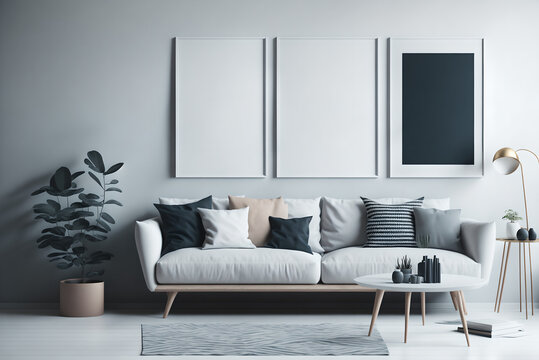 Modern interior background, living room, Scandinavian-style mock up poster frame, 3D render, 3D illustration, generative ai
