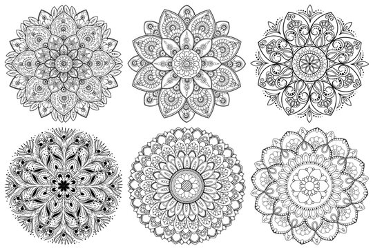 Unusual flower shape mandalas set. For coloring book. Decorative round ornaments. Anti-stress therapy patterns. Yoga, backgrounds, meditation poster