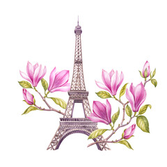 Fototapeta na wymiar Eiffel Tower spring watercolor illustration. Flowers and Paris.