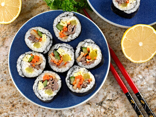 Home made Sushi rolls with    ground beef      and vegetables