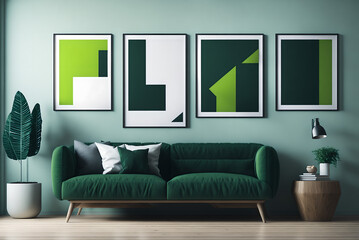 contemporary interior design for 3 poster frames in living room mock up with green couch, wooden pot and floor lamp, template, 3d render, illustration, generative ai