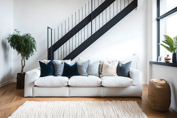 comfortable soft sofa with decorative cushions in spacious modern living room with parquet floor and white walls near staircase in daylight, generative ai