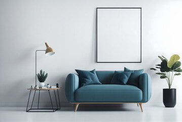 interior poster mock up living room with armchair on empty white wall background,3d rendering, generative ai