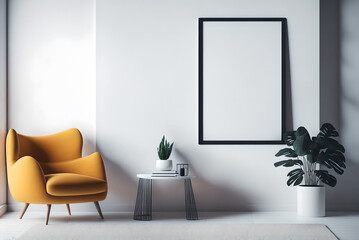 interior poster mock up living room with armchair on empty white wall background,3d rendering, generative ai