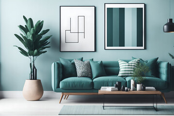 stylish interior design of living room with modern mint sofa, wooden console, cube, coffee table, lamp, plant, mock up poster frame,decoration and elegant accessories in home decor, generative ai