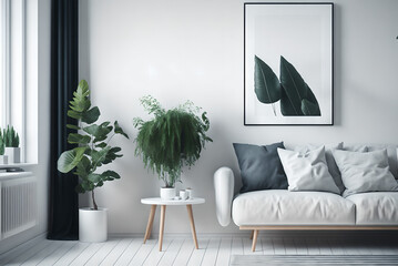frame over white cabinet with plant next to grey sofa in minimalist living room interior, generative ai
