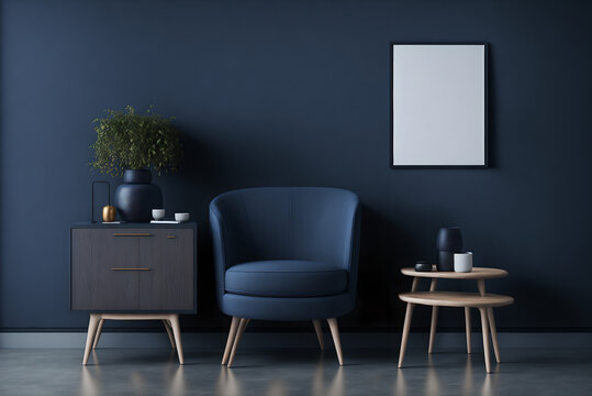 Interior commode with chair and decor, dark blue wall mock up background, 3d rendering, generative ai
