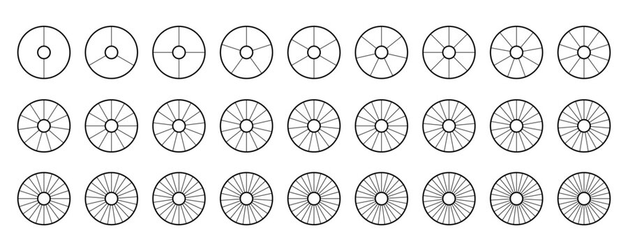 Donut chart segments collection. Wheel diagrams set. Outline sections and slices pack. From 2 to 28 segments of infographic charts. Different phases and stages of cycle. Vector 