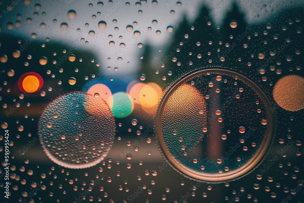Aufkleber raindrops on a window with blurred traffic lights in the background. generative ai