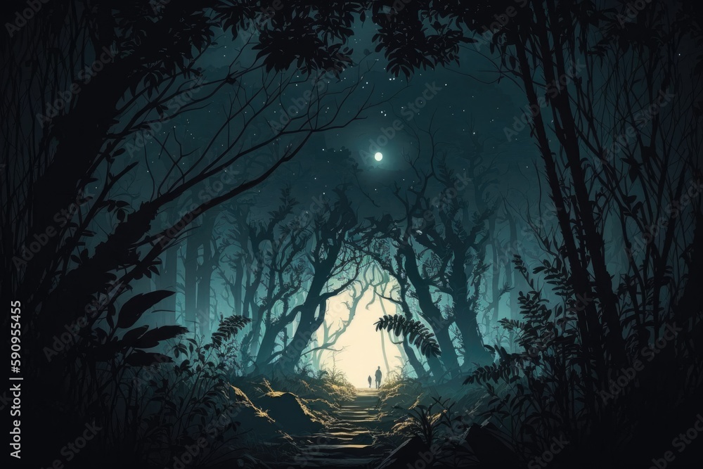 Poster dense forest with tall trees and a misty atmosphere. generative ai