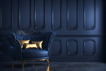 Fototapeta premium 3D rendering of a dark blue living room interior with a cosy luxury armchair, generative ai