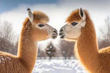 Foto op Canvas two llamas standing side by side in a grassy field. Generative AI © 2rogan