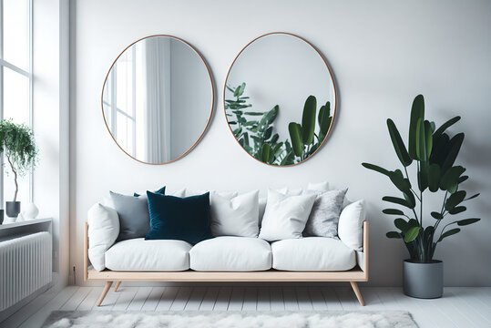 Light living room interior with comfortable sofa, houseplants, and mirror near light wall, generative AI