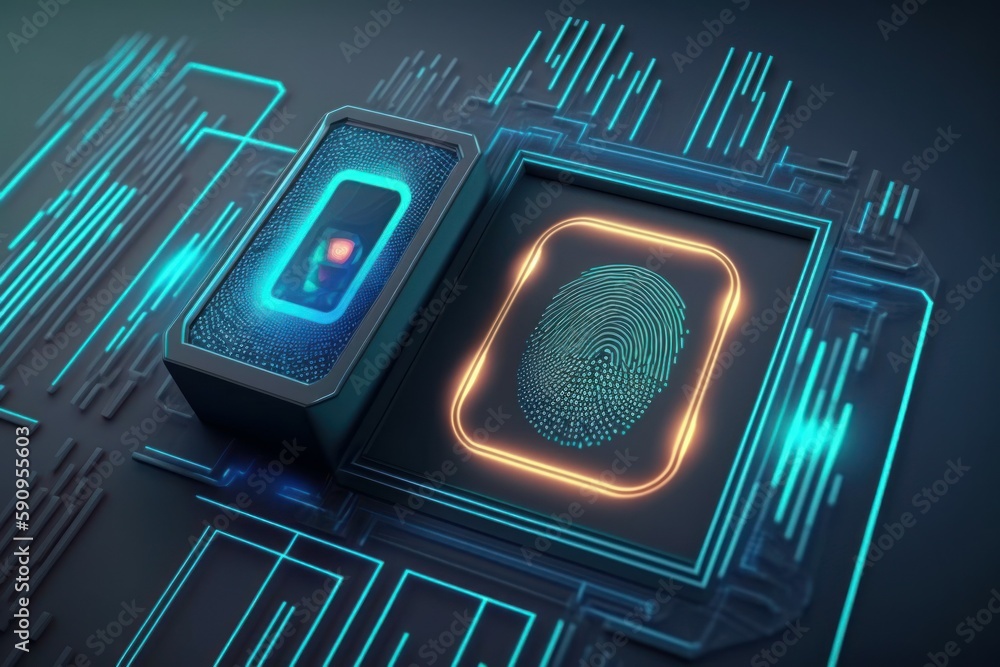 Poster digital biometri, security identify by fingerprint concept. scanning system fingerprint. ai generate