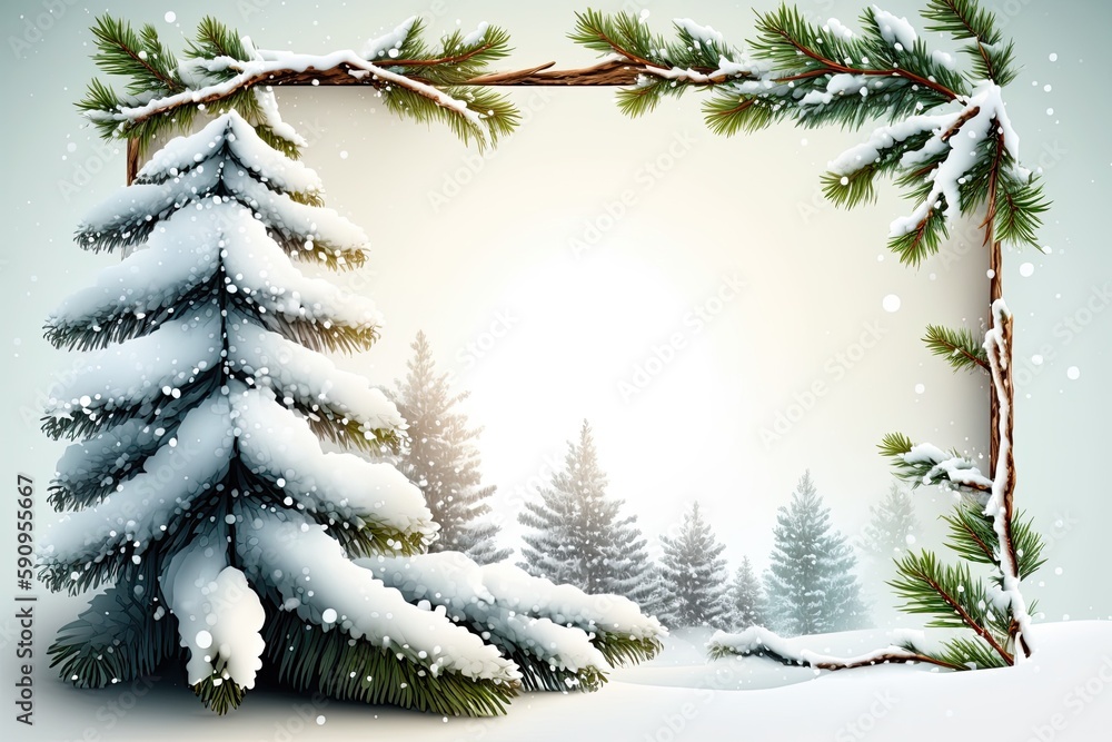 Poster winter wonderland with snow-covered trees and a rustic frame. generative ai