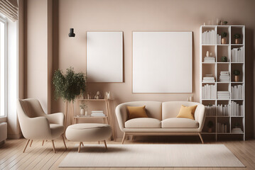 A beige room with an armchair and a sofa, a wooden bookshelf with books and decorations, a carpet, and a parquet floor. Blank copy space frame poster mockup, 3D rendering, generative ai