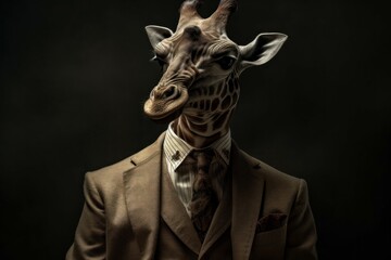 An anthropomorphic giraffe dressed in a business suit like a boss. AI generated, human enhanced - obrazy, fototapety, plakaty