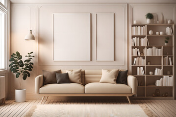 Interior of a beige room with a sofa, a wooden bookshelf with books and decorations, a carpet, and a parquet floor. Blank copy space frame poster mockup, 3D rendering, generative ai