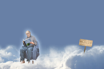 Life after death, man sitting on a cloud, reading a book, with a planted sign indicating where heaven is, under a rich blue sky