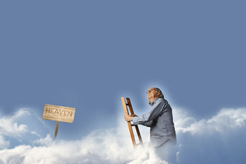 Man climbing a wooden ladder in the clouds, with a planted sign indicating where heaven is, under a...