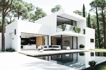 modern white house with a luxurious pool in the front yard. Generative AI