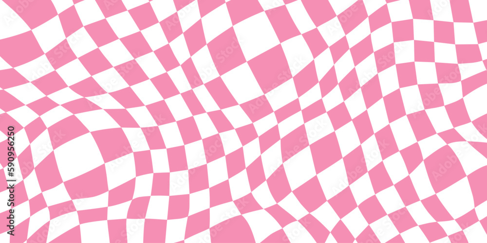 Aufkleber Retro distorted checkerboard background. Pink trippy psychedelic checkered wallpaper. Wavy groovy chessboard surface. Abstract twisted geometric pattern. Vector backdrop
