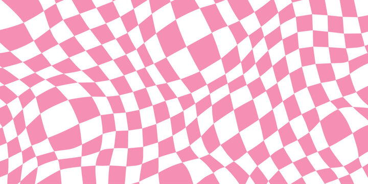 Retro distorted checkerboard background. Pink trippy psychedelic checkered wallpaper. Wavy groovy chessboard surface. Abstract twisted geometric pattern. Vector backdrop