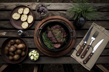Fototapeta na wymiar rustic wooden table filled with a delicious spread of food. Generative AI